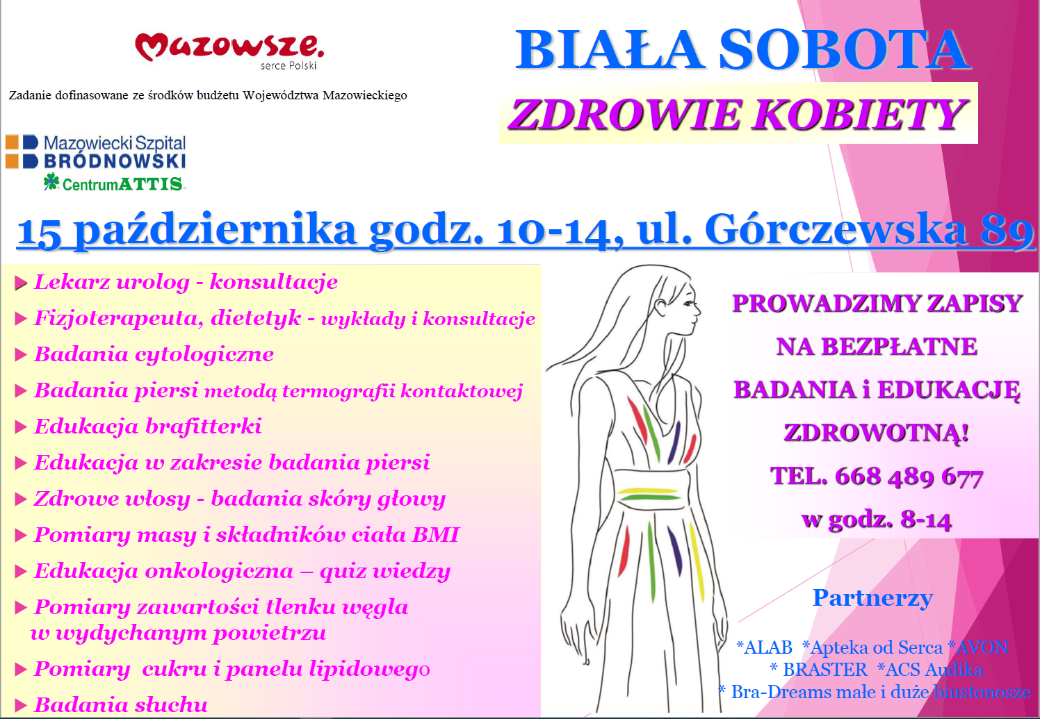 plakat z badaniami jakie będzie można wykonać podczas białej soboty