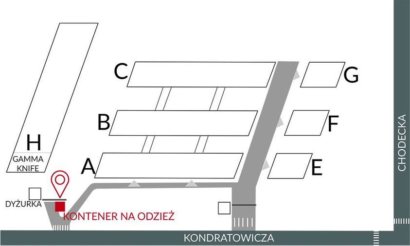 oznaczenie kontenera na odzież przy Mazowieckim Szpitalu Bródnowskim