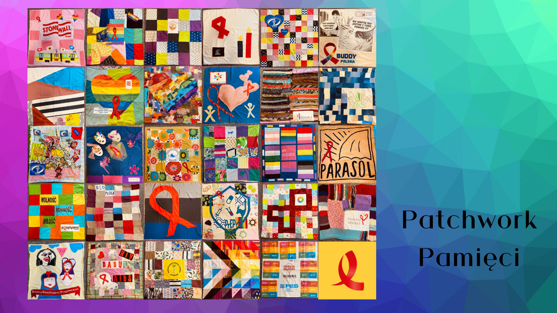 obraz przedstawia patchwork wykonany przez uczniów ze Szkoły Promocji Zdrowia z Mazowieckiego Szpitala Specjalistycznego im. dr Józefa Psarskiego w Ostrołęce oraz Wojewódzkiego Szpitala Zespolonego w Płocku 